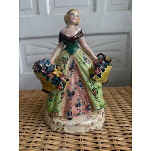 Vintage 50's Italy Art Pottery Victorian Woman With Baskets Of Flowers